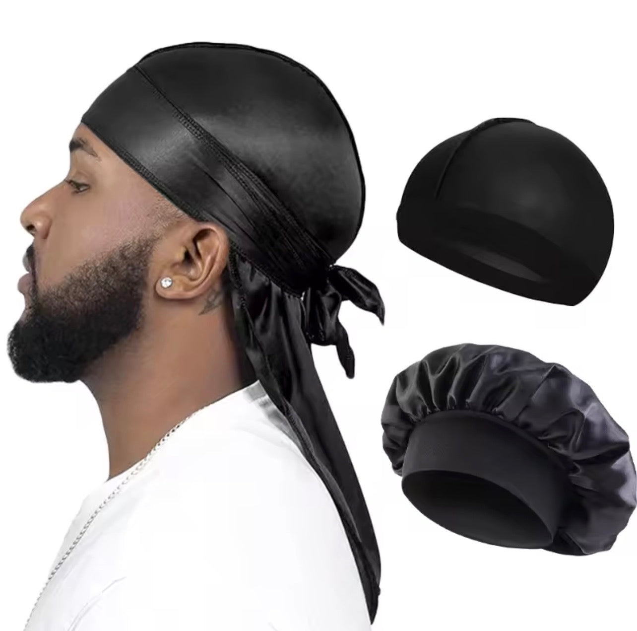 Durag-Turban en Satin Soyeux à Longue Queue pour Homme 3 pièces